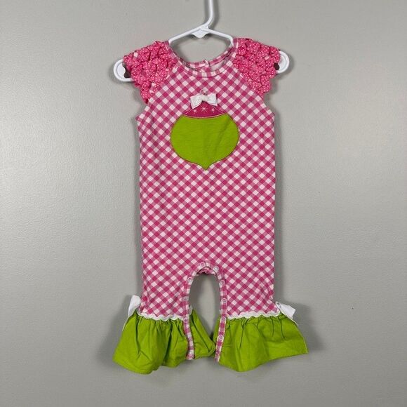 RicRac and Ruffles Girls 12 Months Chirstmas Romper Pink Holidays - Picture 1 of 4